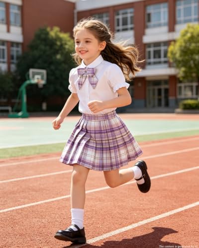 Image of Betusline Girls Skirt Set JK School Uniform 2-Piece Outfit - Short Sleeve Shirt with Bow & Pleated Skirt 4T-14Y