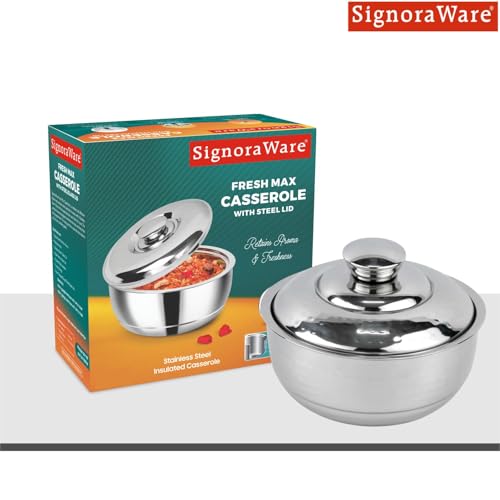 Image of Signoraware Fresh Hammered Stainless Steel Casserole with Steel Lid | Airtight & Leakproof | Retain Freshness For Hours | Perfect For Side Dishes & Everyday Table Servings (500ml | Steel)