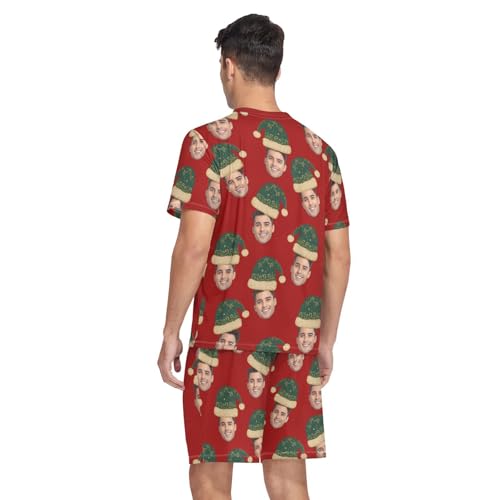 KLL Green Christmas Hat Custom Face Men's Short Sleeve Pajamas 2 Piece V Neck Lounge Set Tops & Shorts Loungewear2