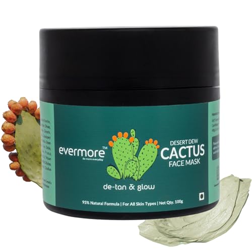 Image of Evermore Mexican Cactus De-Tan Face Mask for Glowing & Bright Skin | Kaolin Clay, Kojic Acid, Niacinamide | Removes Tan, Deep Cleanses Pores, Controls Oil, Hydrates & Soothes | For All Skin Types | Natural, Vegan | 100g (Pack of 1)