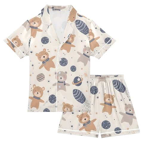 ALAZA Space Solar System Planet Bear Pajamas Satin Pajama Set Short Sleeve Button Down Sleepwear