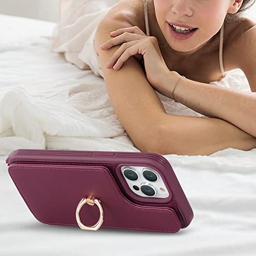 Image of for iPhone 13 Pro Case with Card Holder and Strap for Women,Crossbody Lanyard,RFID Blocking,Kickstand Ring Stand,Snap Clasp,Phone Wallet Cases 6.1 inch(Wine Red)