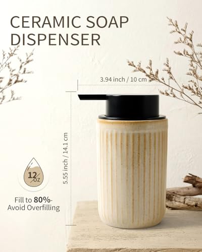 Image of BosilunLife Foam Hand Soap Dispenser - Ceramic Foaming Soap Dispenser for Bathroom 12oz Refillable Liquid Lotion Soap Dispenser with Rust-Proof Foaming Pump for Countertop, Greige