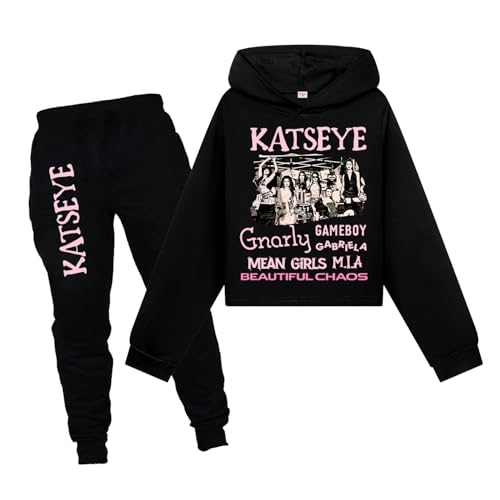 Minhuaha KATSEYE Girls Hoodie+Pants Set Kids Shirt 2PCS Long Sleeve Outfit (Black 9 Years)