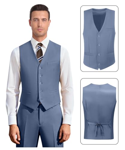 Image of Men's 3 Piece Slim Fit Suit Set, Two Button Blazer Solid Jacket Vest Pants Wedding Business Suit