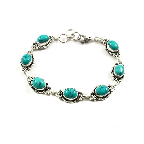 Image of 925 Sterling Silver Turquoise Bracelet for Women | Handmade Oval Gemstone Link Bracelet | Vintage Boho Jewelry Gift for Her | Adjustable Silver Chain Bracelet