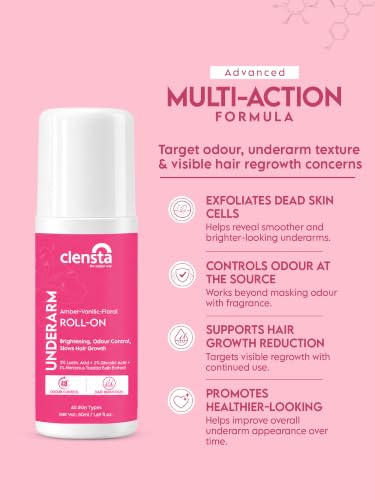 Image of Clensta Amber Vanillic Floral Underarm Roll-On For Women & Men | Controls Body Odour | Helps Brighten Dark Underarms | Reduces Hair Regrowth | Long-Lasting Floral Fragrance | Non-Sticky Formula | 50 ml