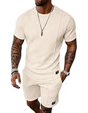 UOUA Herren Shorts Set 2-teiliges Sommer Outfit Kurzarm Rundhals-Shirt & Shorts Track Suit Jogging Freizeitkleidung Beige M