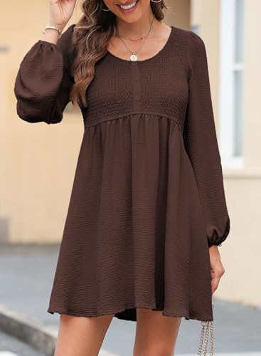 Image of Dokotoo Womens Fall Dresses 2026 Casual Smocked Crewneck Button Up Long Sleeve Empire Waist A-Line Mini Dress