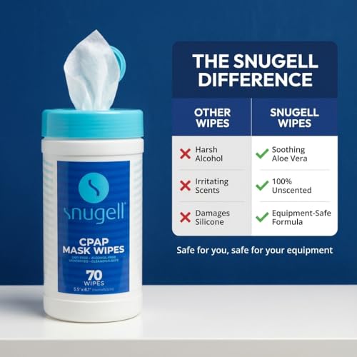 Image of Snugell Unscented CPAP Mask Wipes - 70 Count Canister - 100% Soft Cotton - Skin-Safe with Aloe Vera - Lint & Alcohol-Free - Ideal for On-the-Go Cleaning and Sanitizing CPAP Masks and Devices