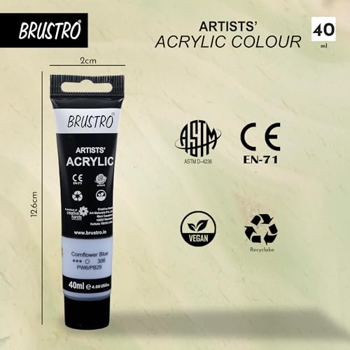 Image of BRUSTRO Artists Acrylic Paint Tube | 40ml, Cornflower Blue (Pack of 2) | Pastel Tone|Non-Toxic,Water Based,Inter Mixable,Ideal for Painting,Textured Effects on Canvas,Paper,Fine Art Student