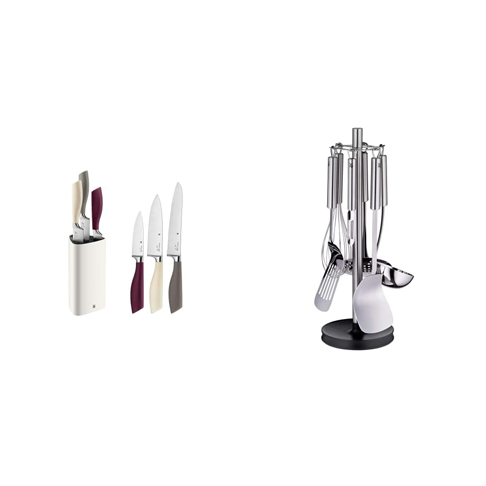 WMF ElementsJoy Messerblock mit Messerset 4-teilig & Profi Plus Küchenhelfer Set 7-teilig, Ständer mit 6 Helfern, Schöpflöffel, Schaumlöffel, Wokwender, Wender, Schneebesen, Gemüseschäler