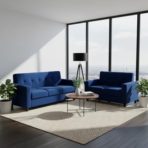 Image of FURNY Homeoy 5 Seater Fabric 3+2 Sofa Set (Blue) with Premium Velvet Finish | Durable Comfort Ideal for Living Room