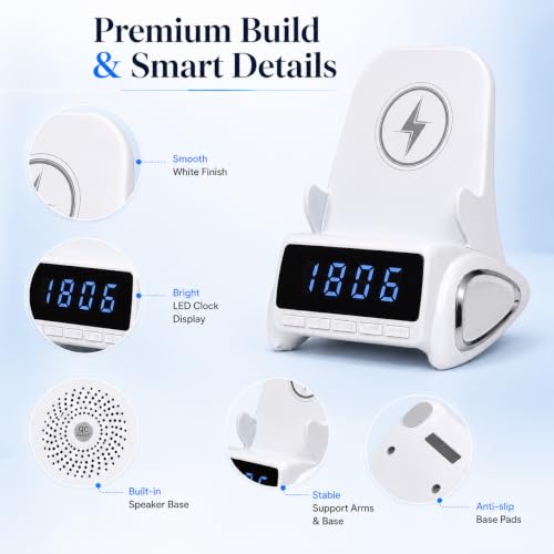 Image of One94Store 4-in-1 Wireless Charging Station with Bluetooth Speaker, LED Digital Clock, Phone Stand, Fast Qi Wireless Charger for iPhone, Samsung Galaxy & Android Devices