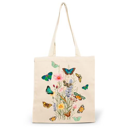 CLAMATO Tote bag con cremallera interior de algodón – Bolsa de tela mediana tamaño 35 x 40 cm Shopper de tela resistente 340 g/m2 Línea Thick (flores y mariposas), beige