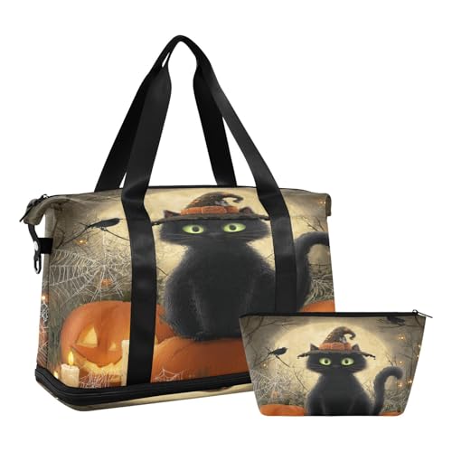 Halloween Cat Pumpkins Beige Travel Duffel Bag for Women Men Gym Bag with Shoe Compartment Wet Pocket Carry On Weekender Overnight Bags for Travel Weekend Getaway2