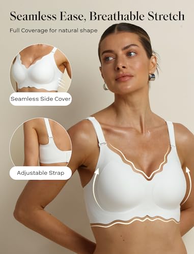 Image of COMFELIE Seamless Wireless T-Shirt Bra for Women, Full Coverage No Underwire with Deep V Neck, U-Back & Lace Trim