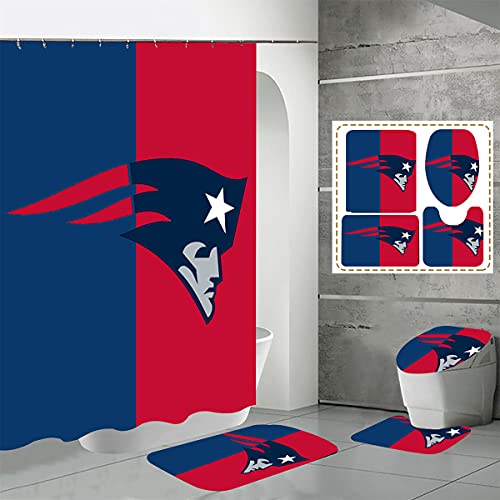 4 Pcs Patriots Shower Curtain Set with Toilet Lid Cover Mat,Non-Slip Rug,Bath Mat and Waterproof Shower Curtains with Hooks,American Sports Football Bathroom Decoration,Machine Washable