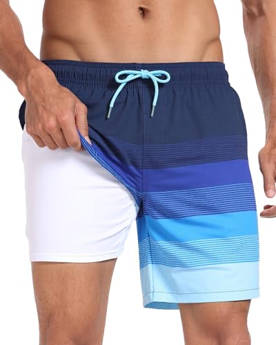 Image of Mens Swim Trunks with Compression Liner 2 in 1 Quick Dry Swimming Shorts Swimwear Bathing Suits with Pockets, Stripe Dark Blue, M