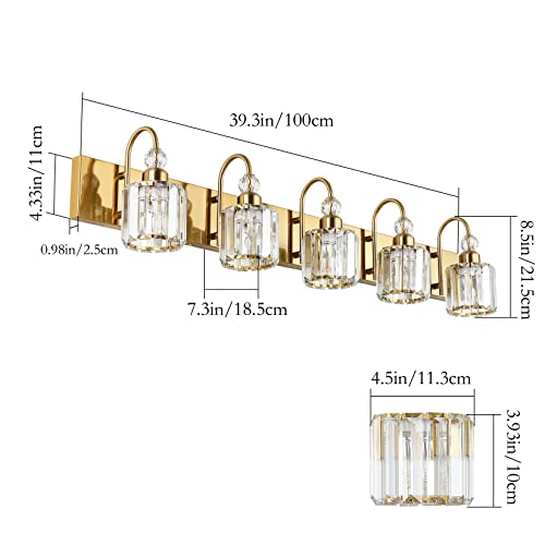 Image of Ralbay Crystal Vanity Lights 5-Lights Brass Gold Over Mirror Modern Bathroom Wall Lighting Fixtures