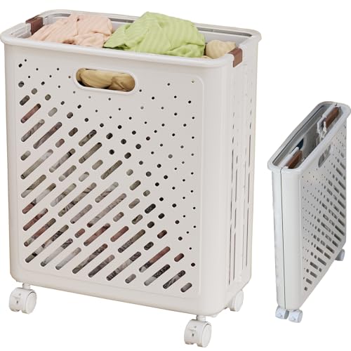 Zilnox 洗濯かご 折りたたみ ランドリー バスケット 折り畳み 洗濯カゴ スリム キャスター付き 大容量 幅37.5×奥行21×高さ49.5cm ホワイト 35L