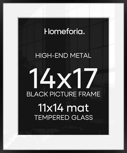 Image of Homeforia 14x17 Picture Frame Black, High End Metal 14 x 17 Poster Frames with Mat 11 x 14 for Photo, 14x17 Black Frame Matted to 11x14 inch Print, 17x14 Thin Frame, Tempered Glass, Wall Kit, Set of 4