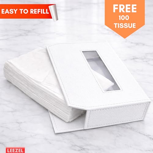 Image of LEEZEL| Tissue Box Holder with 100 Pulls Cotton Rags Tissue | Handcrafted Fine Leather - Like Finish | for Gifting, Office Desks, Cars & Home Decor | Durable & Water Resistant. (White)
