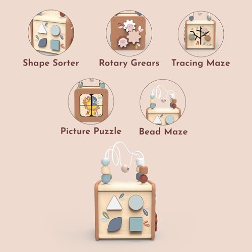 Image of Speedy Monkey 5-in-1 Activity Cube, Educational Wooden Toy with Bead Maze, Shape Sorter, Gears, Puzzle & More, Develops Social, Communication & Numeracy Skills, Non-Toxic Paint, Ideal for Kids | bead maze, shape sorter, gears, puzzle, 5-in-1 cube, montessori toys, multi-activity fine motor play, cognitive, creative