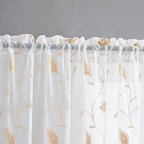 Image of Floral Embroidery Beige Sheer Curtains 84 Inches Long, Rod Pocket Sheer Drapes for Living room, Bedroom, 2 Panels, 52 inchx 84 inch, Semi Crinkle Voile Window Treatments for Yard, Patio, Villa, Parlor.