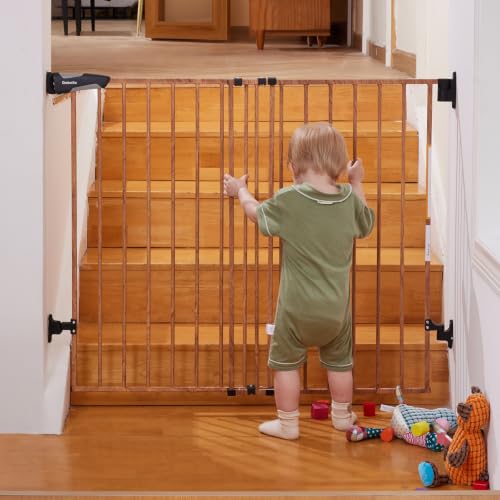Image of Babelio Baby Gate for Stairs & Doorways, 26-43" W 28" H No Bottom Bar| Easy Installation| One-Handed Operation| Auto-Close| Hardware Mount (Drill Needed) Safety Dog/Pet Gate (Brown Wood Pattern)