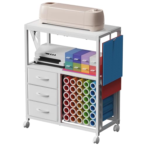 30 Vinyl Roll Holders for Cricut Cart, Rolling Craft Cart with 3 Fabric Drawer, Craft Organization and Storage Compatible with Cricut Maker Machine, Crafting Table Workstation, White, Patent Pending