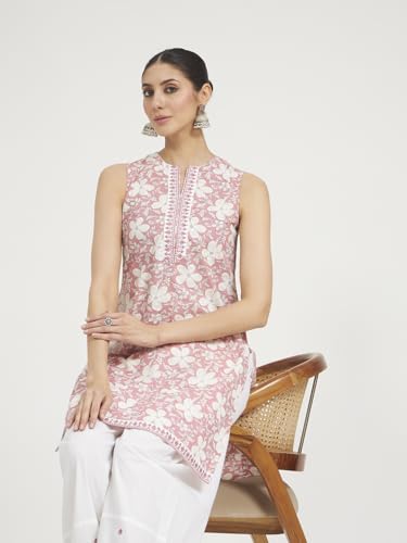 Image of FIORRA Women Light Pink Floral Printed & Embroidered Pure Cotton Straight Kurta with Farshi Salwar