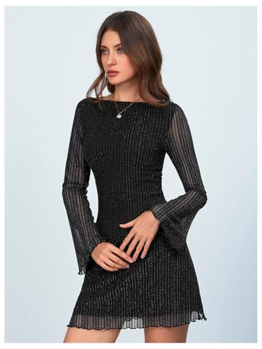 Image of MakeMeChic Women's Cheetah Print Mini Dress Y2k Bell Sleeve Leopard Print Dress Going Out Outfits