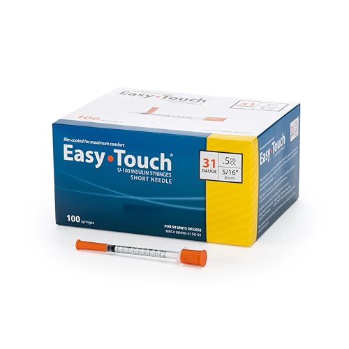 Image of Easy Touch 31 Gauge U-100 Insulin Syringes (31G 0.5cc 5 /16 inch) with 5 /16 inch Short Needle, 0.5cc (50 Unit Capacity), Bold Markings for Accurate Dosing, Disposable, Box of 100