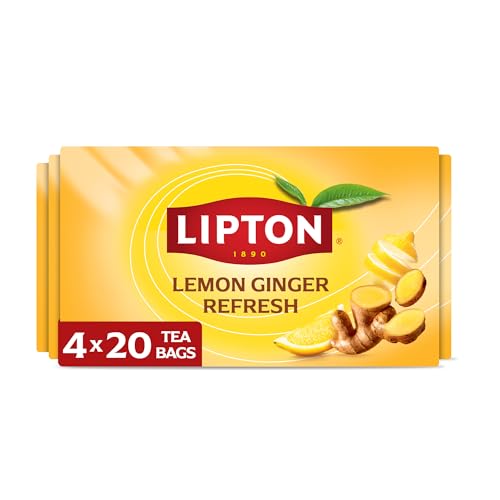 Lipton Lemon Ginger Refresh Herbal Tea 80-Count Caffeine Free Tea Bags Individually Wrapped Hot or Iced Fruit and Herbal Tea Blend with Real Lemon Peels and Ginger