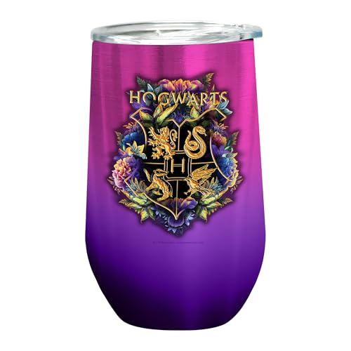 Image of Spoontiques Hogwarts Stainless Steel Wine Tumbler, 16 Oz - Double Wall Insulated Drink Cup with Sliding Lock Lid for Travel - White, Red, Rose, Champagne