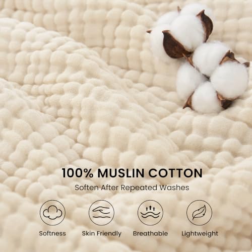 Image of Love's cabin 100% Cotton Muslin Blanket, 6 Layer Lightweight Breathable Gauze Queen Size Blanket 90 x 90 Inches, Soft All Season Blanket for Bed, Beige
