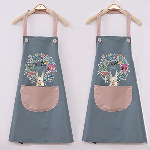 Obekann 2 Pack Kitchen Apron For Women With Pockets, Unisex Cooking Chef Apron Waterproof, Aprons For Cooking Painting Housework Best Gift For Housewarming Holidays, Easter Bunny Wreath Blue #TOP3