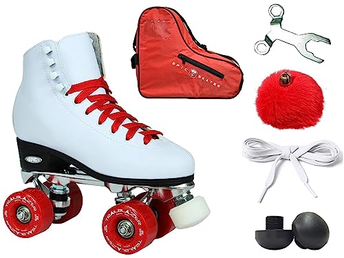 Epic Skates Epic White and Red Classic High-Top Quad Roller Skate Bundle with Bag, Laces, and Pompoms 9