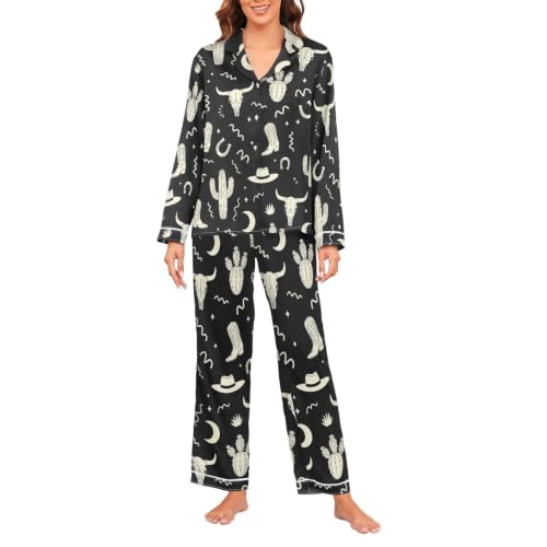 Image of Womens Silk Satin Pajamas Set Western Theme Womens Short Sleeve Shorts Set 2 Piece Sleepwear Lounge Set S-XXL