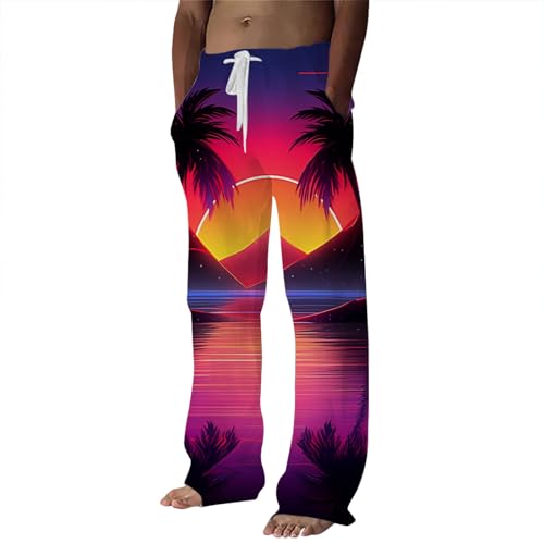 Generic Mens Linen Pants Beach Hawaii Print Casual Summer Casual Pants Elastic Waist Drawstring Baggy Trousers with Pockets, X-Large, #B5 Red