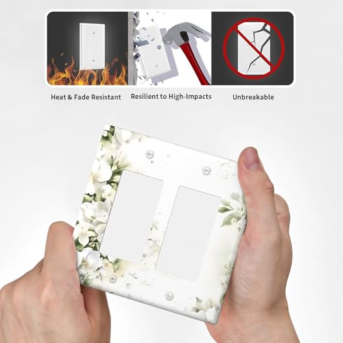 Decorative Outlet Covers Rustic Ink Green Leaves White Florals Flower 2 Gang Light Switch Cover Plate Double Rocker Wall Plate Switch Plate Covers Faceplate for Bedroom Home Decor