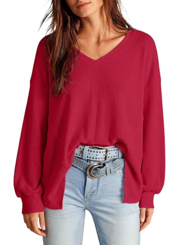 Image of Dokotoo Womens Waffle Knit Tops Trendy Fashion 2026 Oversized T Shirts | Lightweight,V Neck,Casual,Batwing Sleeve,Loose Fit,Irregular Hem,Boyfriend Style,Oversized,Fall Outfits
