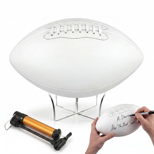 Hiboom 1 Pc Autograph Football with Acrylic Display Stand Air Pump Blank Gold Football for Trophy Anniversary High School College Coaching Gift Award Championship Party (White Size 3)