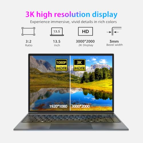 Image of 13.5 inch Laptop Computer, 3K Full HD IPS Screen, Win 11 Laptop with N4120 Quad Core Processor, 8GB RAM 256GB SSD, Backlit Keyboard, Touch ID, WiFi, USB, HDMI, Bluetooth, Type-C,webcam, slim laptops