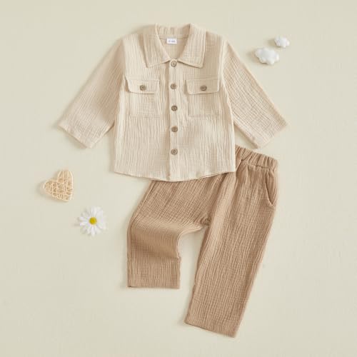 Image of VISGOGO Toddler Boy Linen Outfit Baby Boy Fall Winter Clothes Set Button-Down Shirt Tops Cotton Linen Pants 2PCS