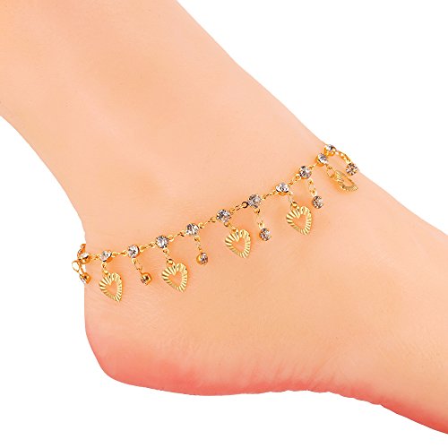 U7 Heart Charm Anklets 18K Gold Plated White Rhinestone Foot Bracelet Jewelry For Women, 8.5"+2" Extender #TOP4