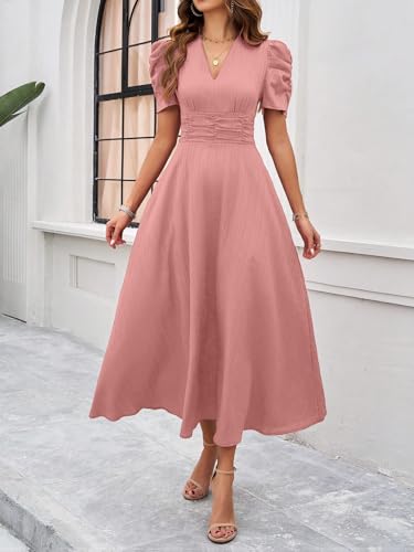 Image of Shasmi Girl's & Women's Solid Color V-Neck A-Line Maxi Dress for Women | New Year Party Outfit | Waist Cinched Puff Sleeve Western | Elegant Casual Wear (Dress 246)