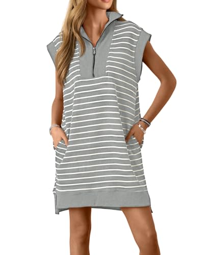 Image of Wenrine Womens Striped Mini Dress Casual Zipper Cap Sleeve Collared V Neck Loose Knit Summer Dresses