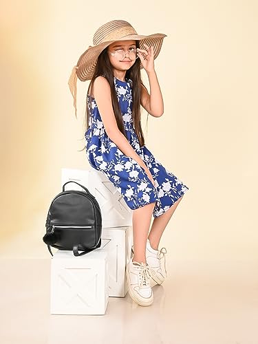 Image of LILPICKS Floral Printed Sleeveless Criss Cross Back Fit n Flare DressFor Girls (Blue)